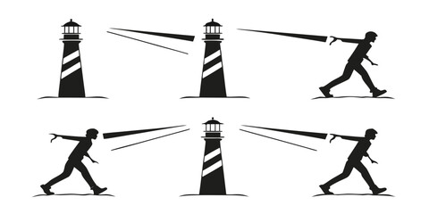 Illustration of a man with a rope tied to a lighthouse Vector © Sa