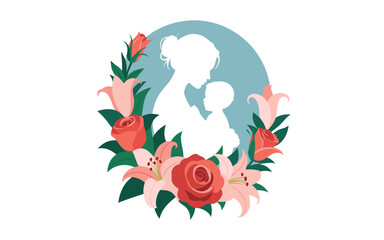 Obraz premium A minimalist vector illustration of a mother and child surrounded by flowers and leaves in a circular design