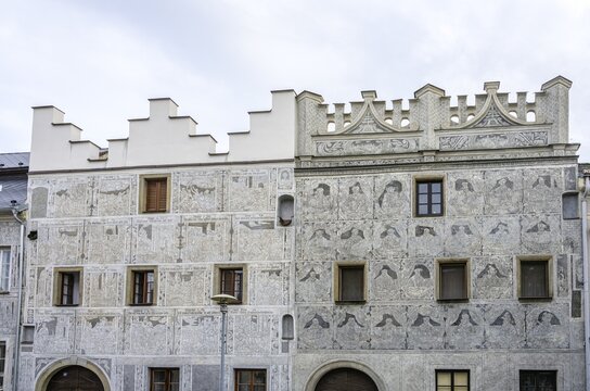 Historical old town with sgraffito houses, Slavonice, Jihočesk&yacute; kraj, Czech Republic