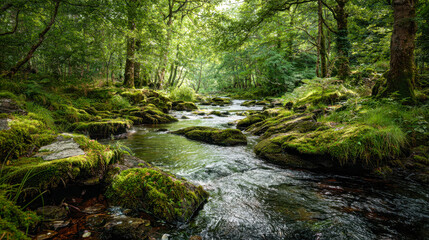Obraz premium Serene flowing stream surrounded by lush green moss-covered rocks and dense forest trees in a peaceful woodland setting on a sunny day