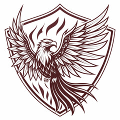 Obraz premium Majestic phoenix eagle crest on shield, mythical fire bird mascot with spread wings, maroon heraldic emblem for sports team or gaming logo