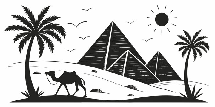 Ancient egyptian scene with pyramids, palm trees, and a camel Vector