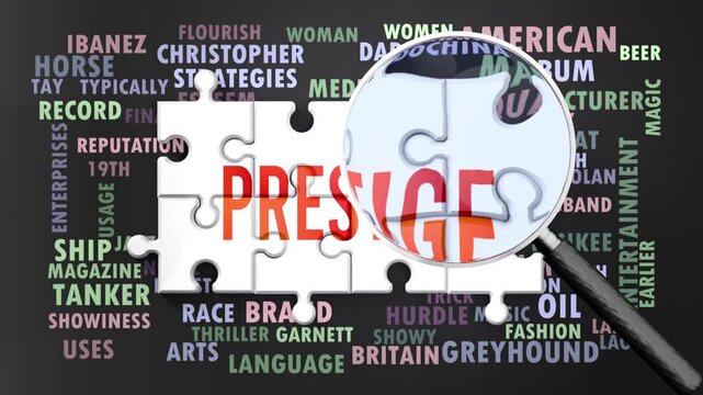 Prestige under magnifying glass, being researched, studied and examined. Most important subjects and ideas closely related to prestige presented as a word cloud. Complexity of prestige. Can be looped.