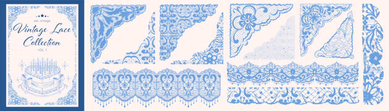 Blue coquette vintage lace collection with ornamental borders and corners for wedding invitations and scrapbooking isolated on light background.