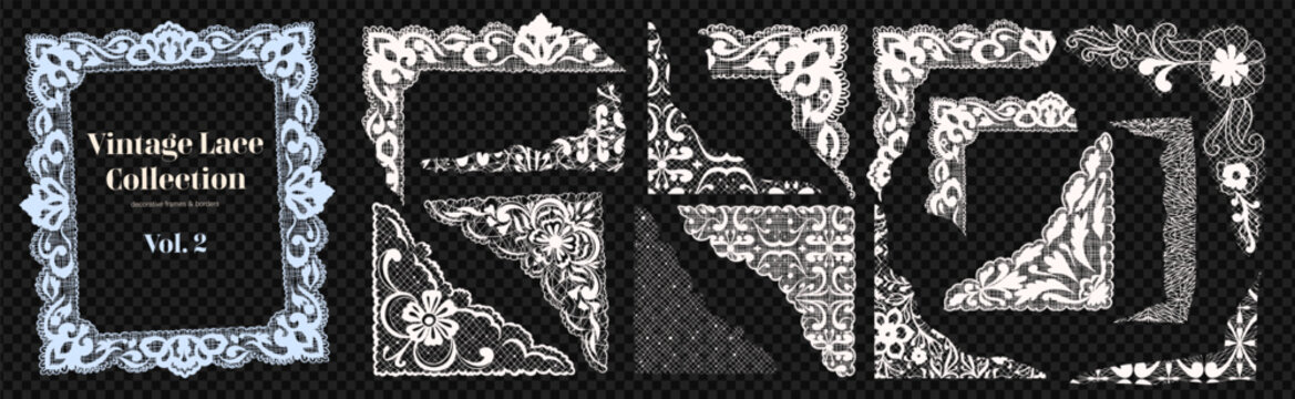 White coquette vintage lace collection with decorative frames borders and corners . Cutout and torn lace elements.