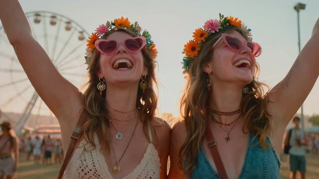 Two happy young women in flower crowns and heart glasses laugh and dance against a ferris wheel at sunset, embodying Coachella music festival spirit, boho fashion style and summer freedom