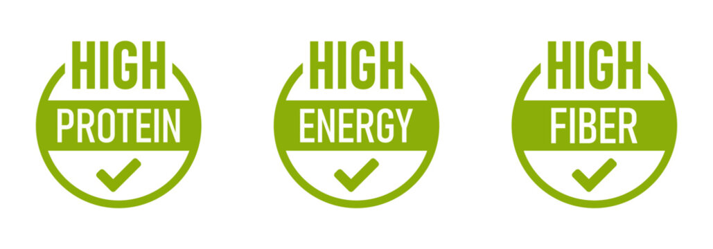 High Protein Energy and Fiber Green Round Package Info Label Badge Stamp Sign with Checkmark Symbol Icon Set. Vector Image.