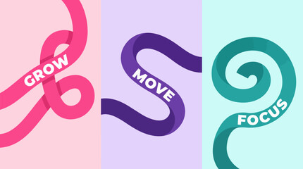 Obraz premium Abstract three-panel ribbon design featuring the words Grow, Move, Focus in pastel colors