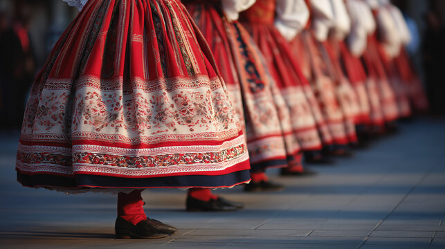 Festa Major de Garcia, Line of Women Wearing Red Traditional Catalan Skirts During Festa Major de Gr&agrave;cia Parade