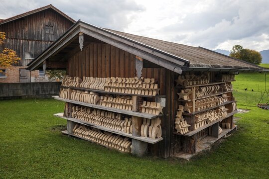 Wooden blanks for souvenirs to dry at a wooden hut, Sch&ouml;llang, near Oberstdorf, Oberallg&auml;u, Allg&auml;u, Bavaria, Germany