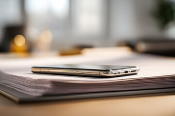 Modern smartphone resting on a thick stack of documents on a wooden desk in a softly lit office environment for work or study purposes