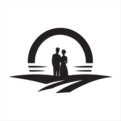 sunset couple vector silhouette line art logo concept illustration