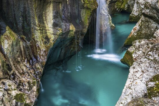 Mountain river Soca flows through narrow canyon, Soca Valley, Triglav National Park, Bovec, Slovenia
