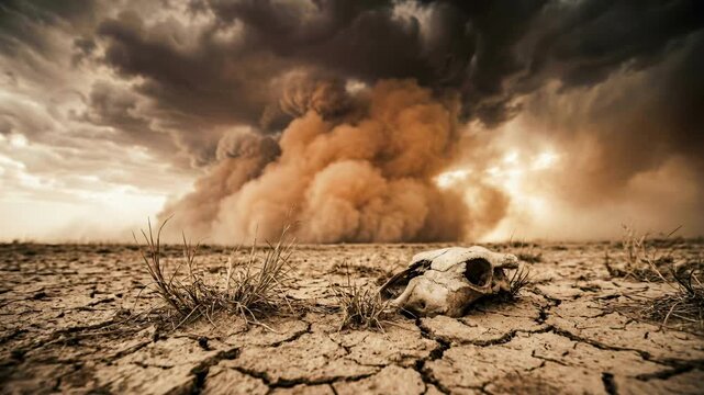 Bleached animal skull lies on cracked earth in a desert landscape against an approaching massive sandstorm, symbolizing drought, climate change and environmental disaster concept