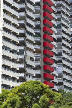 High-rise residential building with balconies and satellite dishes, Trabantenstadt Chorweiler in Cologne, North Rhine-Westphalia, Germany