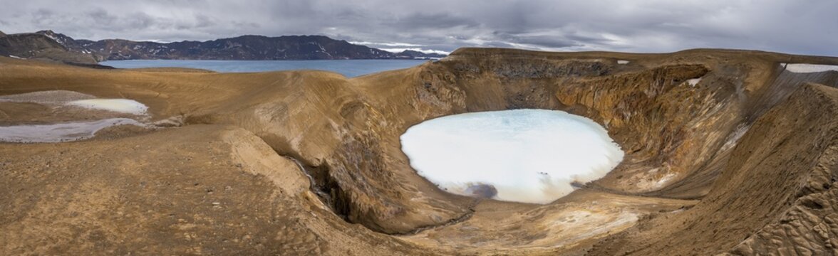 Crater lake V&iacute;ti and &Ouml;skjuvatn in the crater of the Askja volcano, volcanic landscape, Dyngjufj&ouml;ll mountain massif, Icelandic highlands, Vatnaj&ouml;kull National Park, Iceland