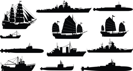 Ship and submarine silhouettes collection, naval warship cargo vessel sailing ship set, maritime transport vector illustration, sea military and shipping industry concept © MstSalema