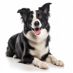 Fototapeta premium A border collie is laying on a white surface. The dog looks happy with its tongue out and ears perked up. The lighting is bright, highlighting its fur and expressive face