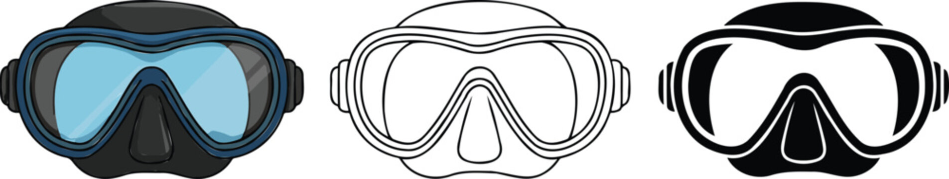 Scuba diving mask silhouette & Outline and illustration set isolated on transparent background