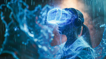 Person experiencing virtual reality in a futuristic cyber world
