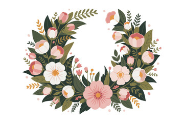 Flower wreath illustration with pink and white blooms and green leaves