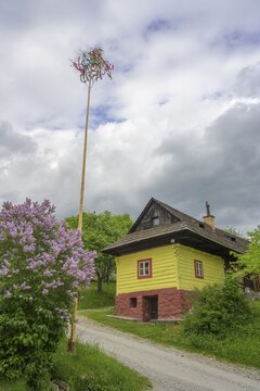 Colourfully painted wooden house and maypole in the village of Vlkolinec, Unesco World Heritage Site, Ružomberok, Žilinsk&yacute; kraj, Slovakia