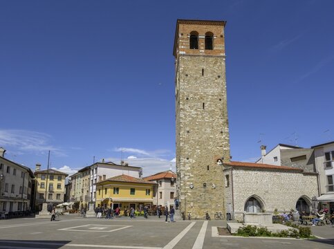Main square with Torre Millenaria, Marano Lagunare, province of Udine, Italy