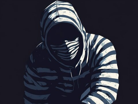 Intriguing figure shrouded in dark hues and striped attire.
