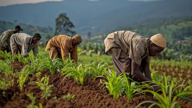 African farmers working together planting crops in fertile field, rural agriculture scene with traditional farming and mountain landscape background