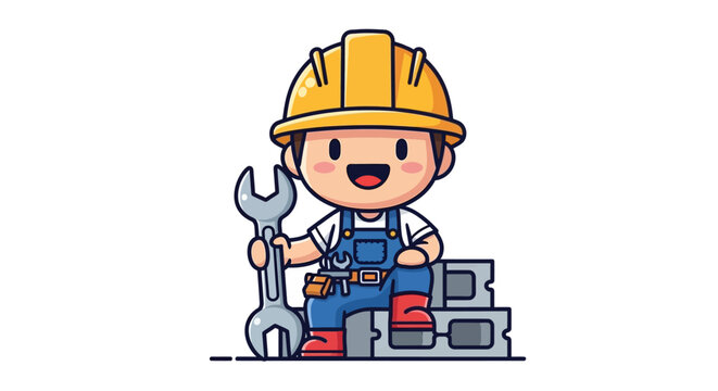 Cheerful cartoon construction worker in a hard hat and overalls, holding a large wrench, symbolizing skilled labor and building repair services
