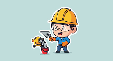 Fototapeta premium Happy cartoon construction worker in safety gear mixing cement from a portable mixer with a trowel, diligently preparing for building tasks