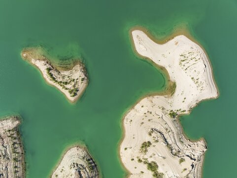 Detail of the Negrat&iacute;n reservoir, aerial view, drone shot, Granada province, Andalusia, Spain