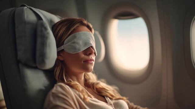Zoom out on young woman in first class on airplane with sleep mask during long-haul flight