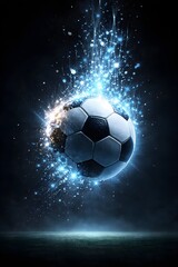 Fototapeta premium Soccer ball exploding with cosmic energy and stardust in dark universe for championship victory and sports power concept