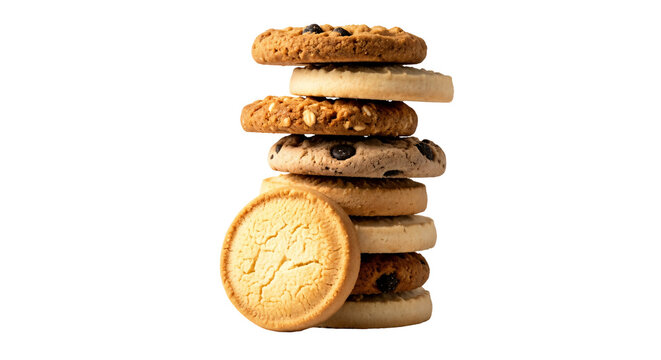 Stack of assorted cookies with chocolate chips isolated on transparent background