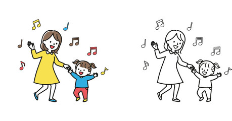 Cheerful Mother and Daughter Dancing Joyfully with Musical Notes