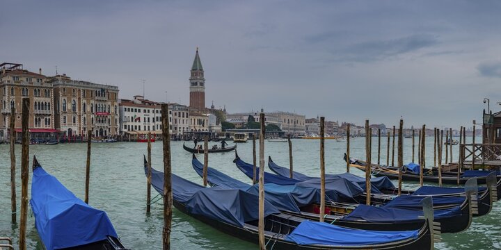 Gondolas on the Grand Canal, Doge's Palace and Campanile Bell Tower in the background, Venice, Venezia, Veneto, Italy