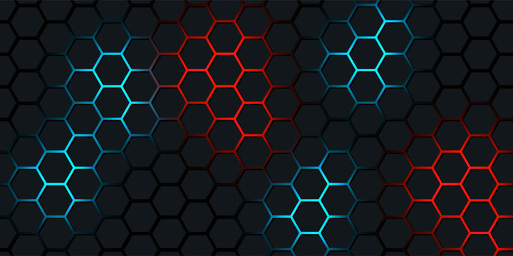 Dark red and blue hexagon abstract technology background with red and blue colored bright flashes under hexagon. Hexagonal gaming vector abstract tech background.