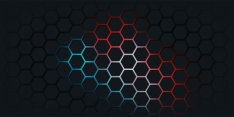 Dark red and blue hexagon abstract technology background with red and blue colored bright flashes under hexagon. Hexagonal gaming vector abstract tech background.