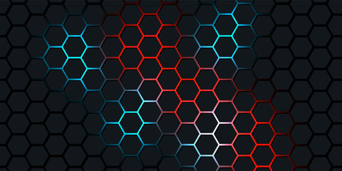 Dark red and blue hexagon abstract technology background with red and blue colored bright flashes under hexagon. Hexagonal gaming vector abstract tech background.