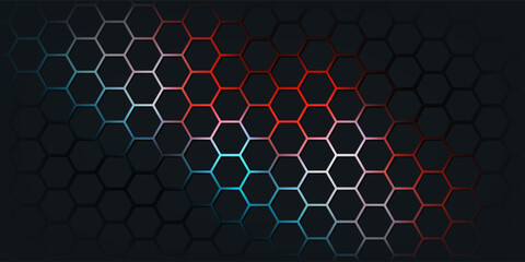 Dark red and blue hexagon abstract technology background with red and blue colored bright flashes under hexagon. Hexagonal gaming vector abstract tech background.