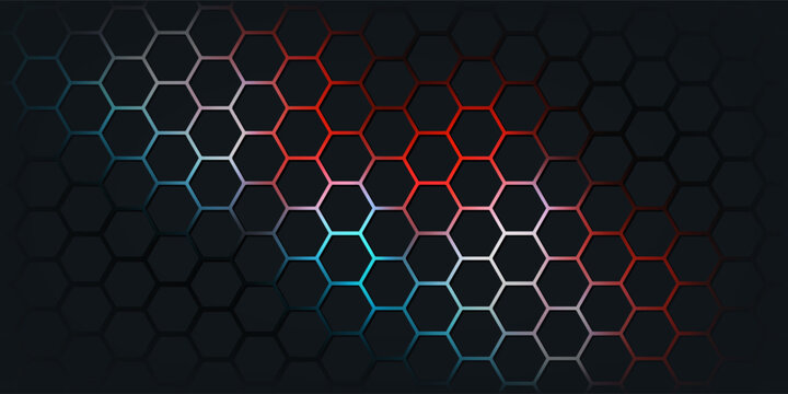 Dark red and blue hexagon abstract technology background with red and blue colored bright flashes under hexagon. Hexagonal gaming vector abstract tech background.