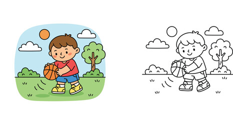 Obraz premium Cute Boy Playing Basketball in Park Vector Illustration with Black and White Coloring Page Template for Kids Activity Book and Educational Materials