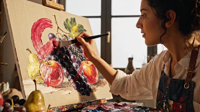 Artist Painting Still Life with Fruit in Studio.