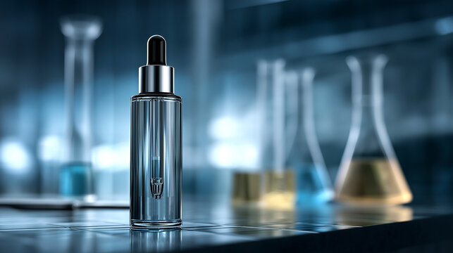 Clear glass dropper bottle with silver cap placed on a laboratory countertop, with blurred laboratory glassware in the background showcasing various colored liquids