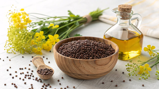 Brown Mustard Seeds with Mustard Oil in Wooden Bowl &ndash; Organic Spice Still Life Food Photography