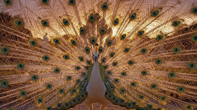 White peacock displaying tail in elegant formal garden at sunset