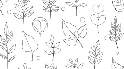 Fototapeta premium Seamless pattern composed of diverse hand-drawn outlined leaves and botanical branches with dotted accents, creating a delicate and organic natural background.