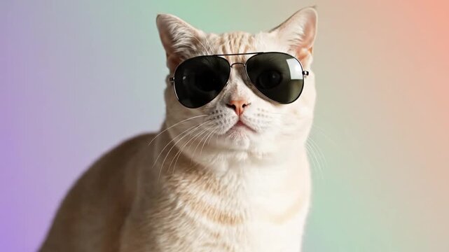 A charming domestic cat with pristine light-colored fur, possibly a cream tabby, sits confidently, looking directly into the camera while sporting stylish dark aviator-style sunglasses. The soft, ethe