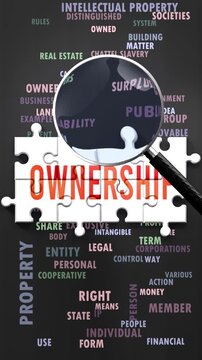Ownership under magnifying glass, being researched, studied and examined. Most important subjects and ideas closely related to ownership written around a puzzle to symbolize complexity of ownership.